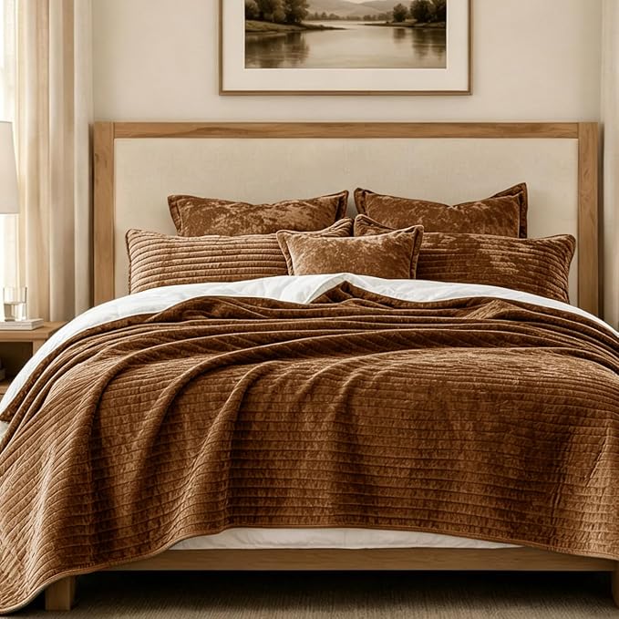 Luxury Velvet Oversized King 120x128 in Quilt Set 3 Piece Quilted Bedspread with 2Pillow Shams(20x36) Ultra Soft Coverlet All Season Bedding for Farmhouse Modern Bedroom Sofa,Caramel