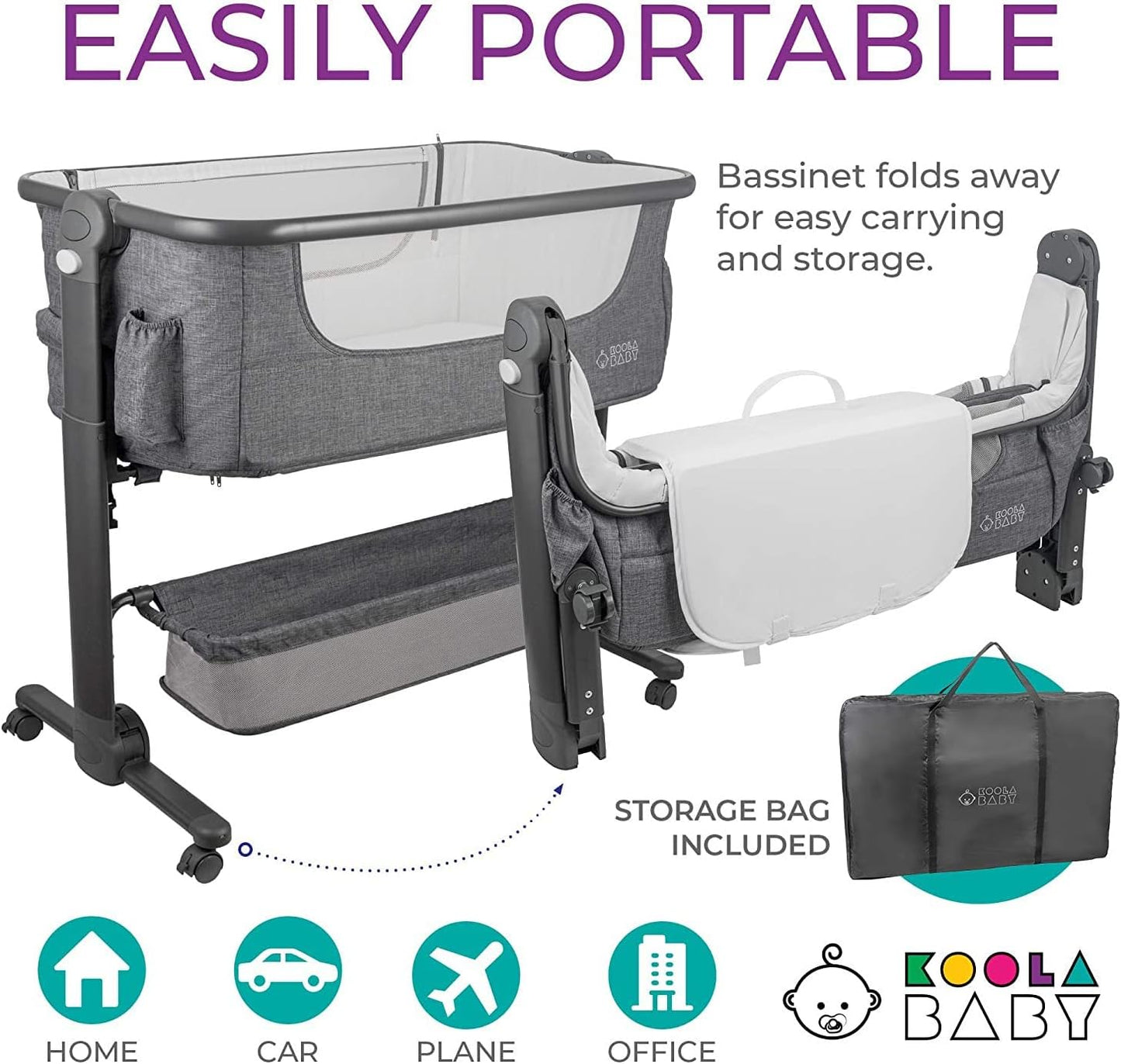 KoolerThings Baby Bassinet, Bedside Sleeper for Baby, Easy Folding Portable Crib with Storage Basket for Newborn, Bedside Bassinet, Comfy Mattress/Travel Bag Included (Bassinet) (Grey)