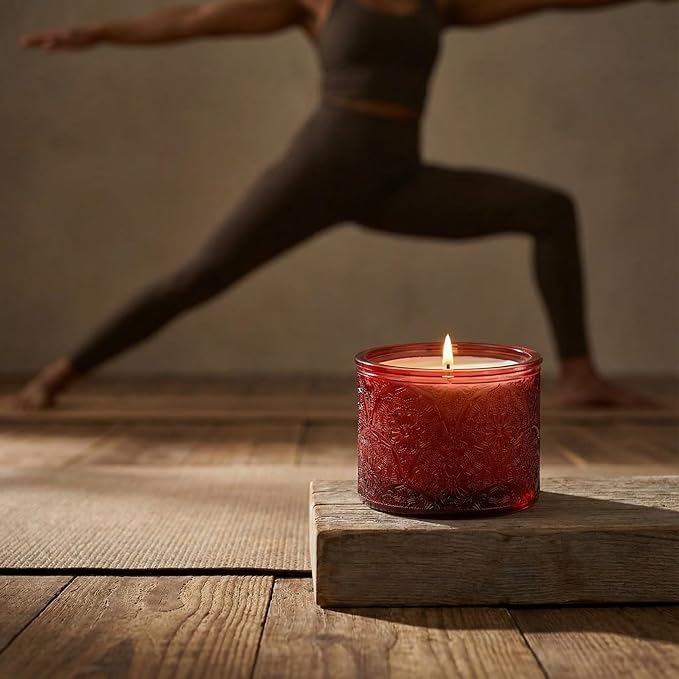 10 oz Red Mandala Glass Candle Jars with Bamboo Lids, 9 Pack | Patented Embossed Design, Includes Wick Centering Devices & Warning Labels, Multiple Color Options