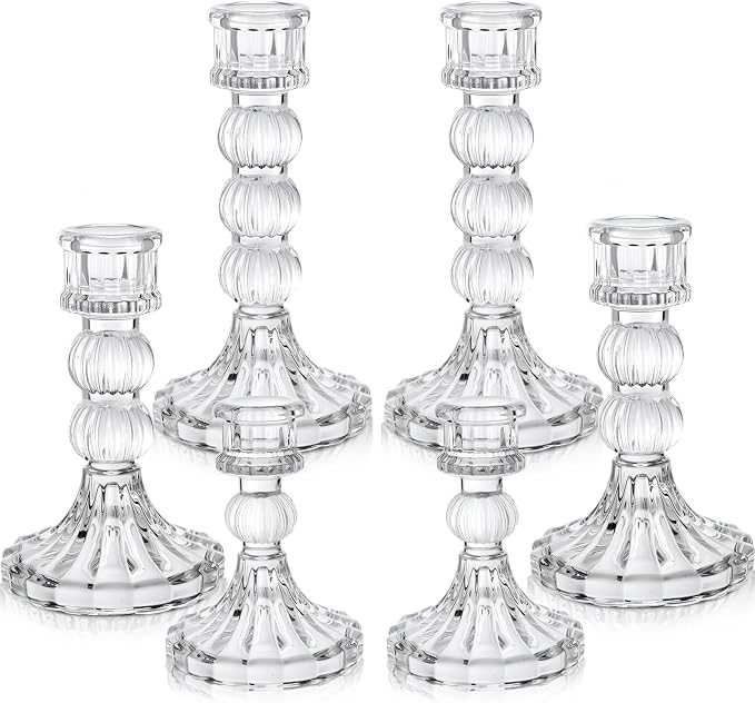 Mumufy 6 Pack Glass Taper Candle Holders Clear Candlestick Holder Fit 0.8 Inch Candles 4'' 6'' 8'' Tall Crystal Decorative Candlestick Stand Centerpiece for Table Wedding Dining Party (Vertical)
