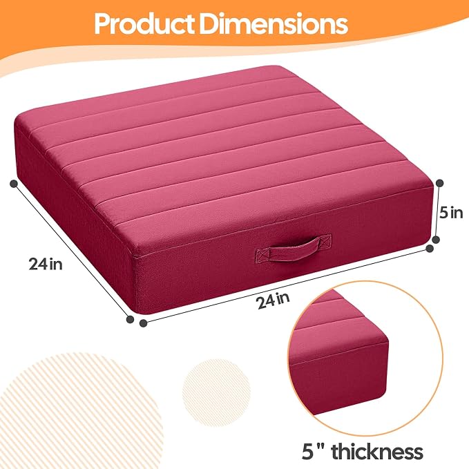 MeMoreCool Square Floor Pillow Seating for Adults Kids, Large Meditation Cushion Floor Pillow with Thick Foam & Soft Tufted Cover, Washable Big Pillow Seat Floor Cushion for Sitting Yoga 24" Wine
