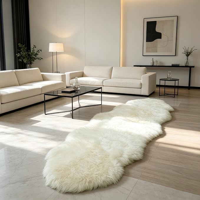 Genuine Sheepskin Rug New Zealand Luxury Lambskin Rug, Natural Fluffy Sheepskin Throw for Bedroom Living Room Children's Room - Premium Area Rug Chair Cover (2×6 Feet, Cream White)