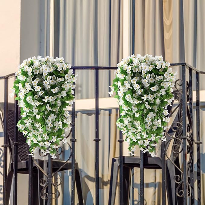 ZFProcess Artificial Fake Hanging Flowers Plants for Outdoor Spring Summer Decoration, 2PCS Faux Silk Violet UV Resistant Look Real Trailing Vines for Outside Home Planter Porch Patio(White)