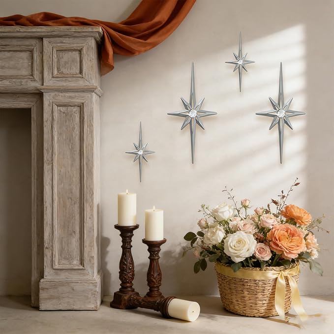 sxnzequnze 4 Pack Metal Star Wall Art 8 Pointed Starburst Wall Decor Set with 2 Large & 2 Small Pieces Mid Century Celestial Metal Wall Sculpture for Bedroom Living Room Office Gallery Wall