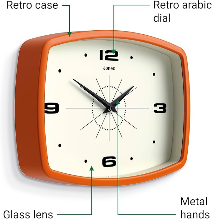 JONES CLOCKS® Movie wall Clock | Retro Rectangular Clock | 10 inch | Orange | Cool mid-Century Designer Look for Kitchen, Living Room or Office