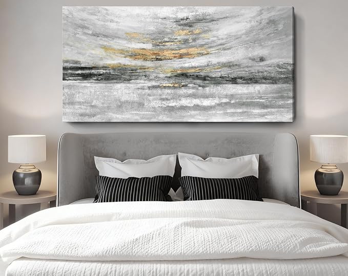 Nicetop 58x29" Large Black and White Abstract Coastal Wall Art with Metallic Gold Accents, Modern Minimalist Canvas Print of Ocean Waves and Clouds, Ready to Hang Wall Decor for Living Room, Bedroom Above Bed, Office