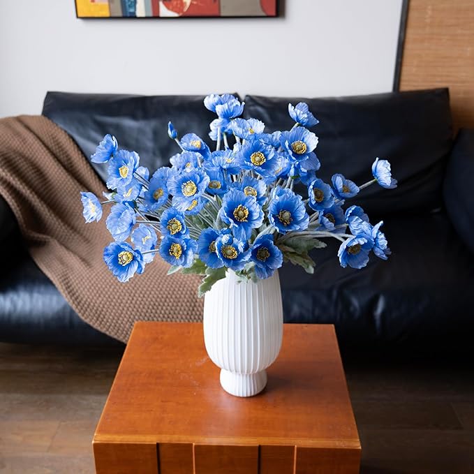 DUYONE Artificial Flowers 6 Stems Poppy Silk Bouquet,for Wedding, Home, Party Decoration,Table Centerpiece Arrangement(Blue)