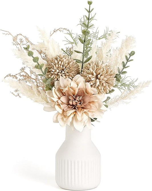 Mkono Small Artificial Flowers in Ceramic Vase 12.5" Centerpieces Coffee Table Decor, Silk Flower Arrangements for Home Decor Indoor Fake Flower Bouquet for Bathroom Dining Room Kitchen Wedding Brown