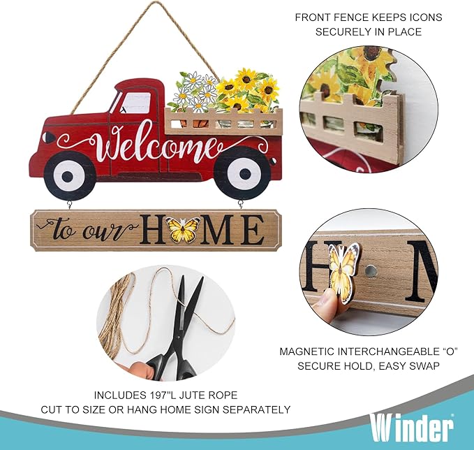 Winder 20Pcs Interchangeable Welcome Sign for Front Door,Seasonal Red Truck Decor Hanging Sign for Valentines,Easter, Independence Day,Halloween,Christmas Home Decor,Housewarming Gift