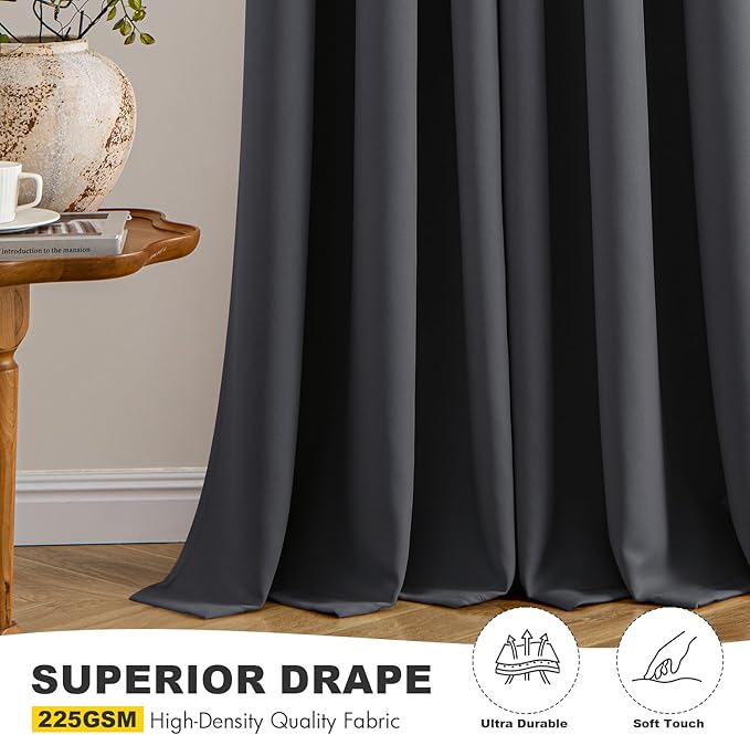 MIULEE Dark Grey Blackout Curtains for Bedroom Living Room 63 Inches Long 2 Panels, Thermal Insulated Room Darkening Drapes Solid Grommet Noise Reduction Light Blocking Window Treatments 50x63 Inch