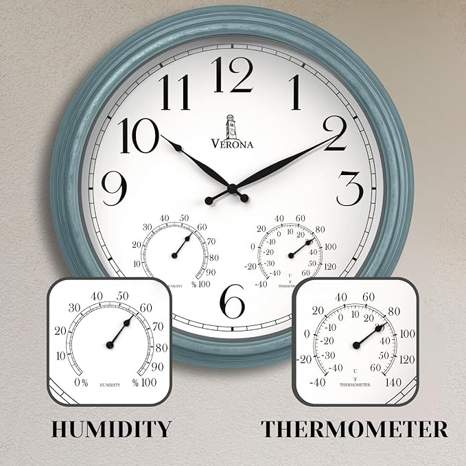 18 inch Outdoor Clocks for Patio Large Waterproof with Thermometer - Teal Blue Outdoor Clock with Temperature and Humidity for Wall - Weatherproof, Accurate & Easy to Read for Pool, Patio & Garden