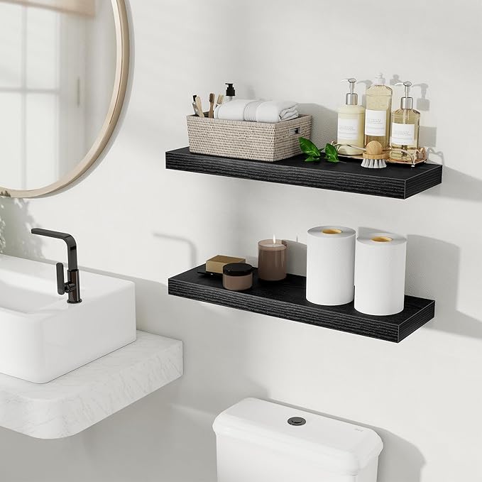 Fun Memories Floating Shelves for Wall, Rustic Wood Wall Mounted Shelves for Bathroom, Bedroom, Living Room & Kitchen, Storage Display Shelves, (Set of 2, Black, 24 in)