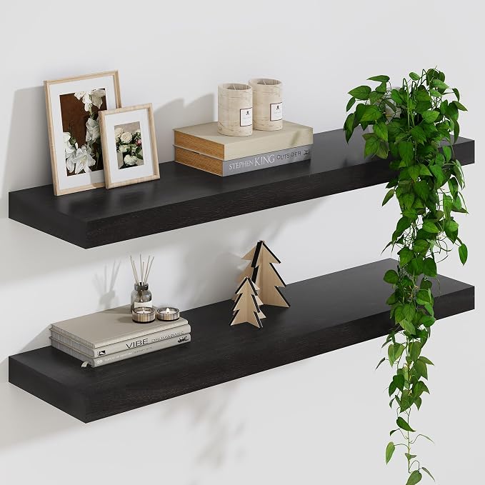 Solid Wood Floating Shelves For Wall, 24”W x 9”D x 1.56”H Large Wall Shelves for Living Room Bedroom Bathroom Kitchen Drcor Storage with Invisible Heavy-Duty Metal Bracket, Carbonized Oak, 2 Pack