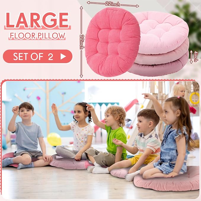 Jerify 4 Pcs Floor Pillow Cushions Large Round Square Large Meditation Floor Pillow for Classroom Adult Meditation Picnic Party Seating Learning Daycare School (Round,Mixed Pink)