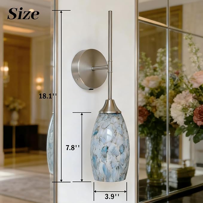 Brushed Nickel Battery Operated Wall Sconces Set of 2, Rechargeable Wireless Wall Lights, Touch & Remote Control, Dimmable 3 Color Temperatures, Magnetic Mount Hand-Blown Glass Sconce