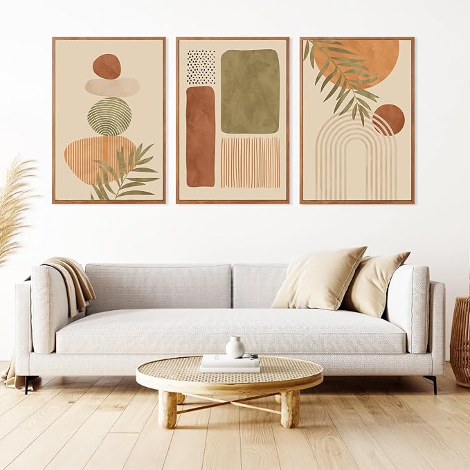 LHIUEM Boho Abstract Sage Framed Canvas Wall Art,Bohemian Neutral Wall Decor,Mid Century Beige Painting,Natural Minimalist Line Artwork for Living Room,Bedroom,Dining Room -16"x24"x3