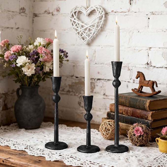 Set of 3 Antique Black Taper Candle Holders Cast Iron Candlestick Holder for Table Centerpieces Wedding Holiday Decor Vintage Decorative Candelabra Style Candle Stick Stand