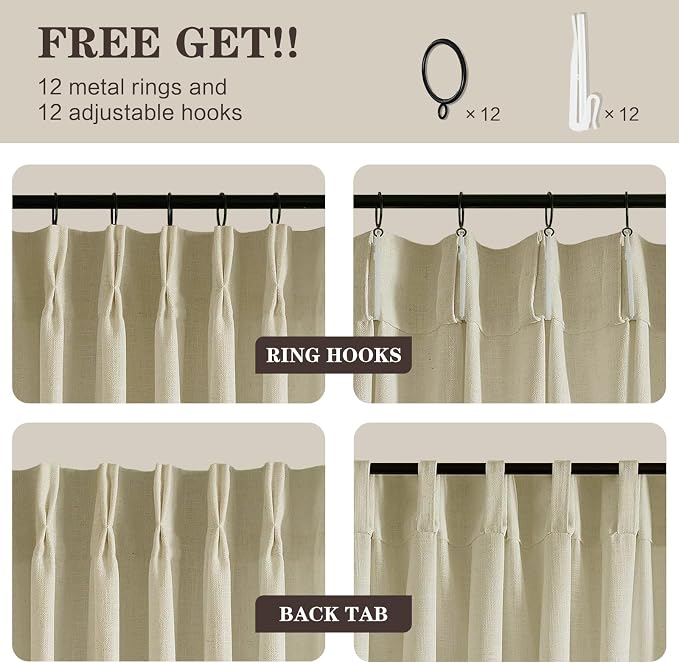 90 Inch Curtains Pinch Pleated Linen Curtain for Living Room, Floor to Ceiling Neutral Light Filtering Pleat Drapes Textured Thick Semi-Sheer Curtains with Hooks for Bedroom Farmhouse, 2 Panels