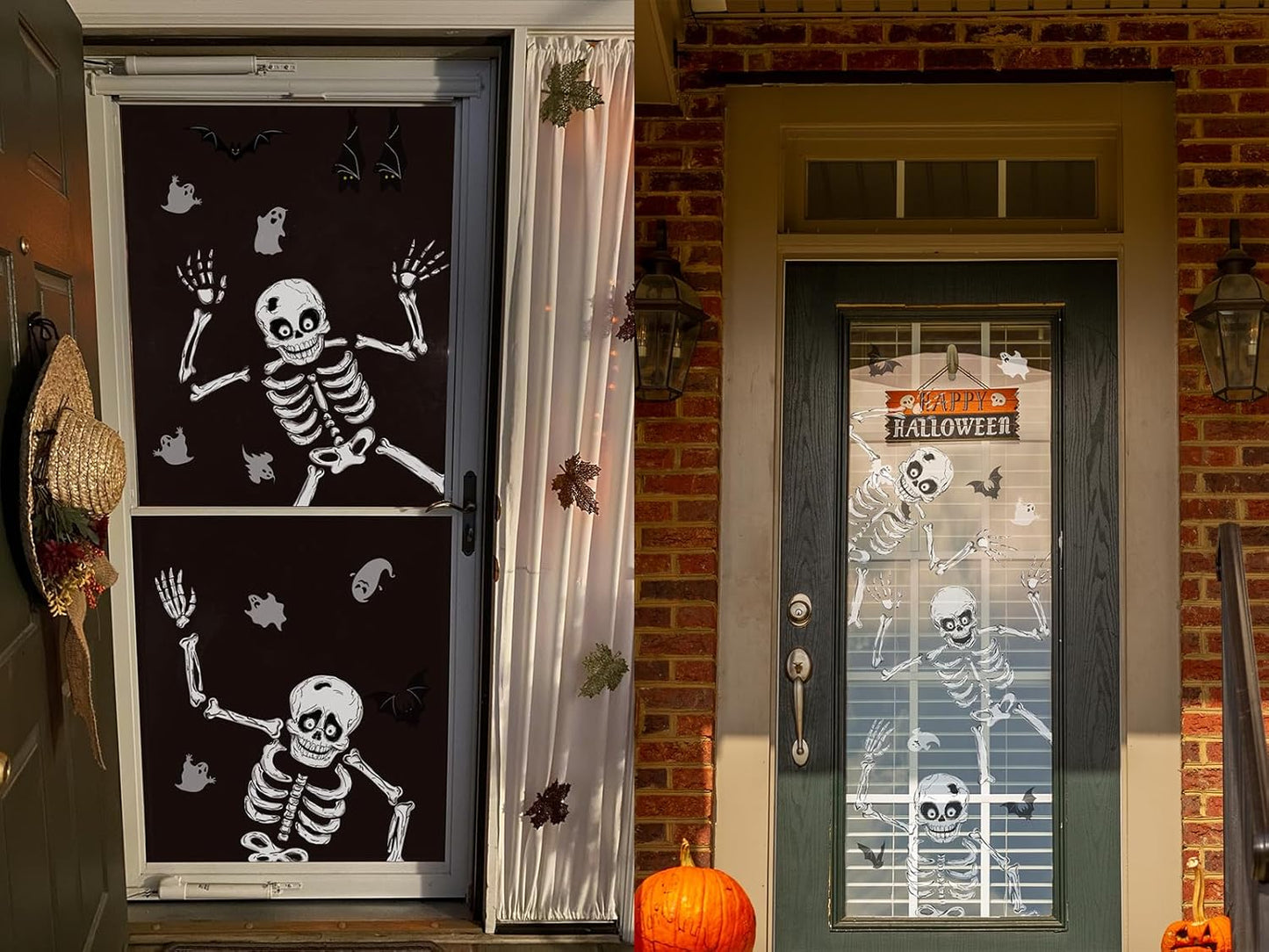 Halloween Window Skeleton Clings – 8 Sheets of Extra Large Cute and Scary Skeletons, Ghosts, and Bats for Home, School, Car Windows, Office, and Party Decor