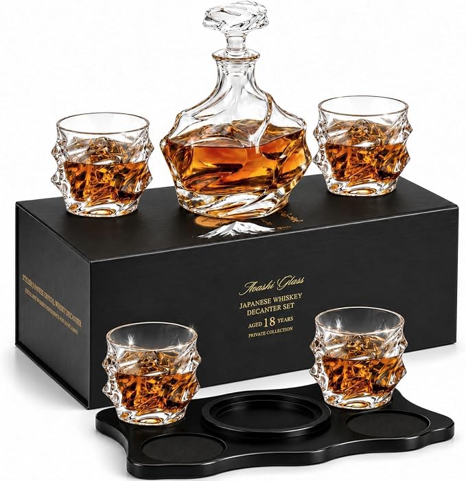 Storm Japanese Crystal Whisky Decanter Set with 4 Tumbler Glasses, Lead-Free Liquor Carafe & 10oz Rocks Glasses - Scotch, Bourbon, Spirits & Wood Base Elegant Barware Gift for Men, Japan Design Gifts