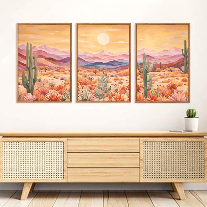 HOURIA 3Pcs Abstract Sunset Mountain Desert Cactus Canvas Wall Art (16"x24"), Vintage Southwest Landscape Arizona Wall Decor, Mid Century Modern Boho Wilderness Art Print for Office Farmhouse Living Room