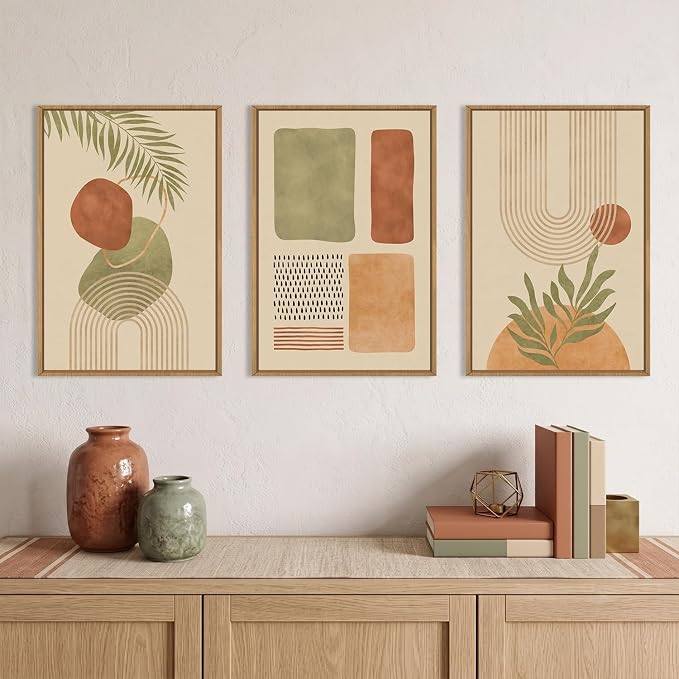 Large Boho Sage Green Framed Canvas Wall Art,Abstract Geometric Beige Wall Decor,Mid Century Modern Art Prints,Neutral Botanical Leaf Artwork for Living Room,Bedroom,Office -24"x36"x3