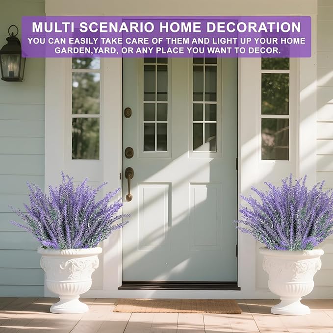 TURNMEON 10 Bundles Artificial Lavender Flowers for Outdoors Summer Decor,UV Resistant Fake Flowers Plants Flocked Faux Plastic Shrubs Wedding Bouquet Window Box Table Home Cemetery Decor(Gray Purple)