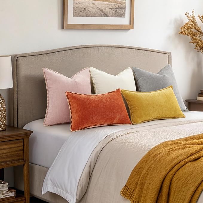 decorUhome Summer Chenille Soft Cozy Throw Pillow Covers 12x20 Set of 2, Modern Farmhouse Boho Velvet Decorative Pillow Cases with Stitched Edge for Couch Sofa Bed Home Decor, Mineral Yellow