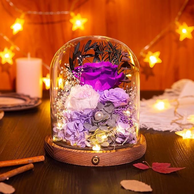 Large Preserved Flowers with Card&Box-Flowers for Delivery Prime,Eternal Rose with Lights,Roses in Glass Dome,Romantic Gift for Her,Decoration,Fresh Rose Flowers for Mom,Birthday,Anniversary (Purple)
