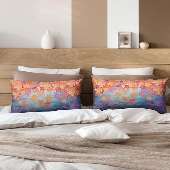 Fall Lumbar Pillow Covers Maple Leaves Thorw Pillow Covers 12x20 Set of 2 Autumn Maple Leaf Teal Double Sided Printing Rectangular Pillowcase for Home Decor Couch Sofa