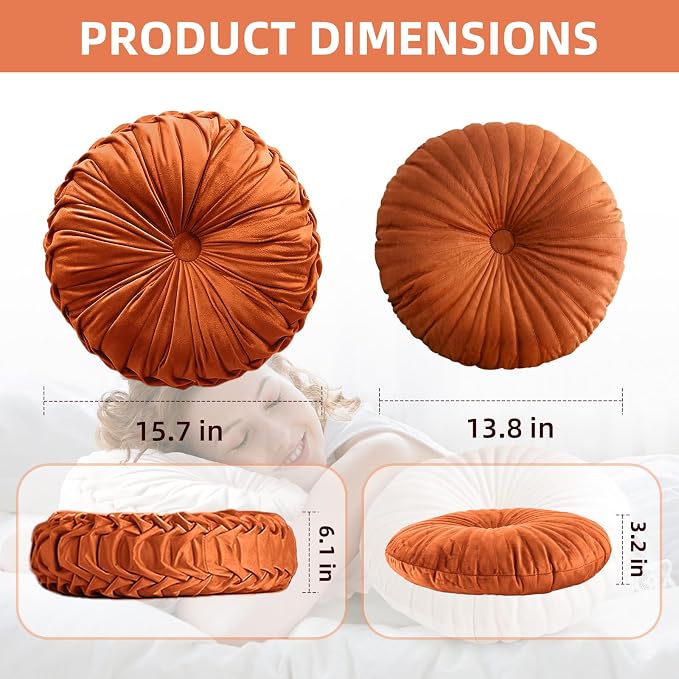 Teieas 2 Pcs Round Throw Pillows Pleated Velvet Pumpkin Round Pillows Floor Cushion for Living Room Couch Chair Bed Sofa 15.7"x15.7"/13.8" x 13.8" (Emerald)