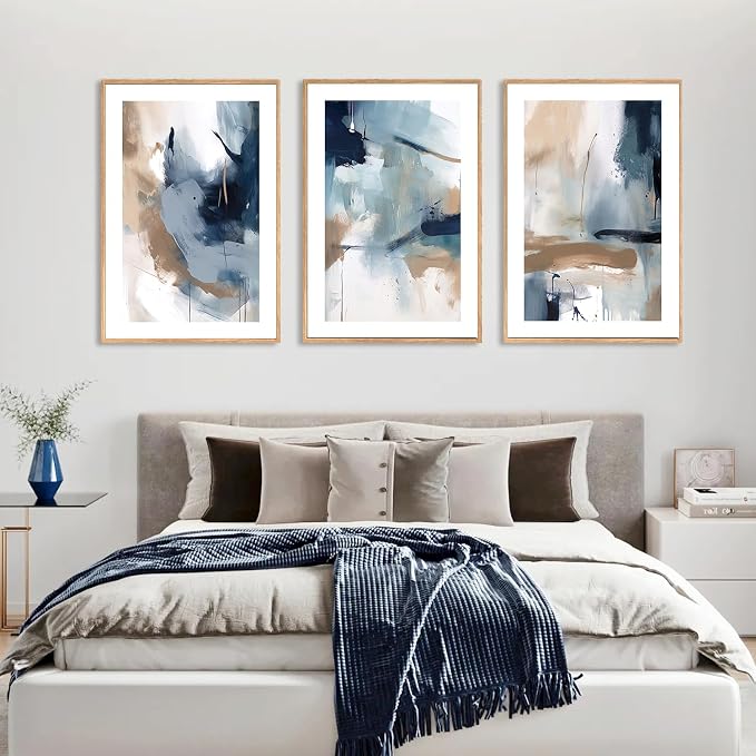 LHIUEM Large Abstract Navy Blue Framed Canvas Wall Art,Neutral Brush Stroke Wall Decor,Modern Pastel Brown Wall Painting,Minimalist Shapes Artwork for Living Room,Bedroom,Office- 24"x36"x3