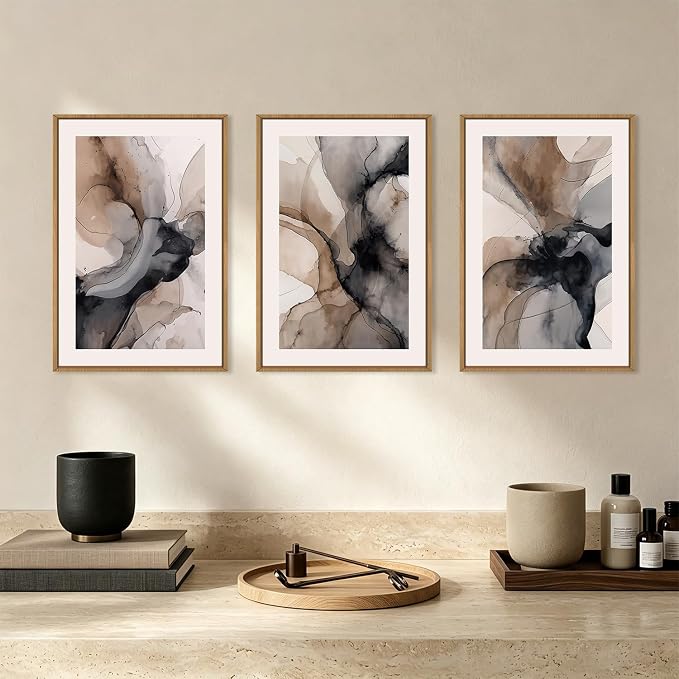 Large Abstract Neutral Framed Canvas Wall Art,Watercolor Black Ink Wall Decor,Modern Beige Brown Prints,Minimalist Line Artwork for Living Room,Bedroom,Dining Room,Office-16 x24 x3