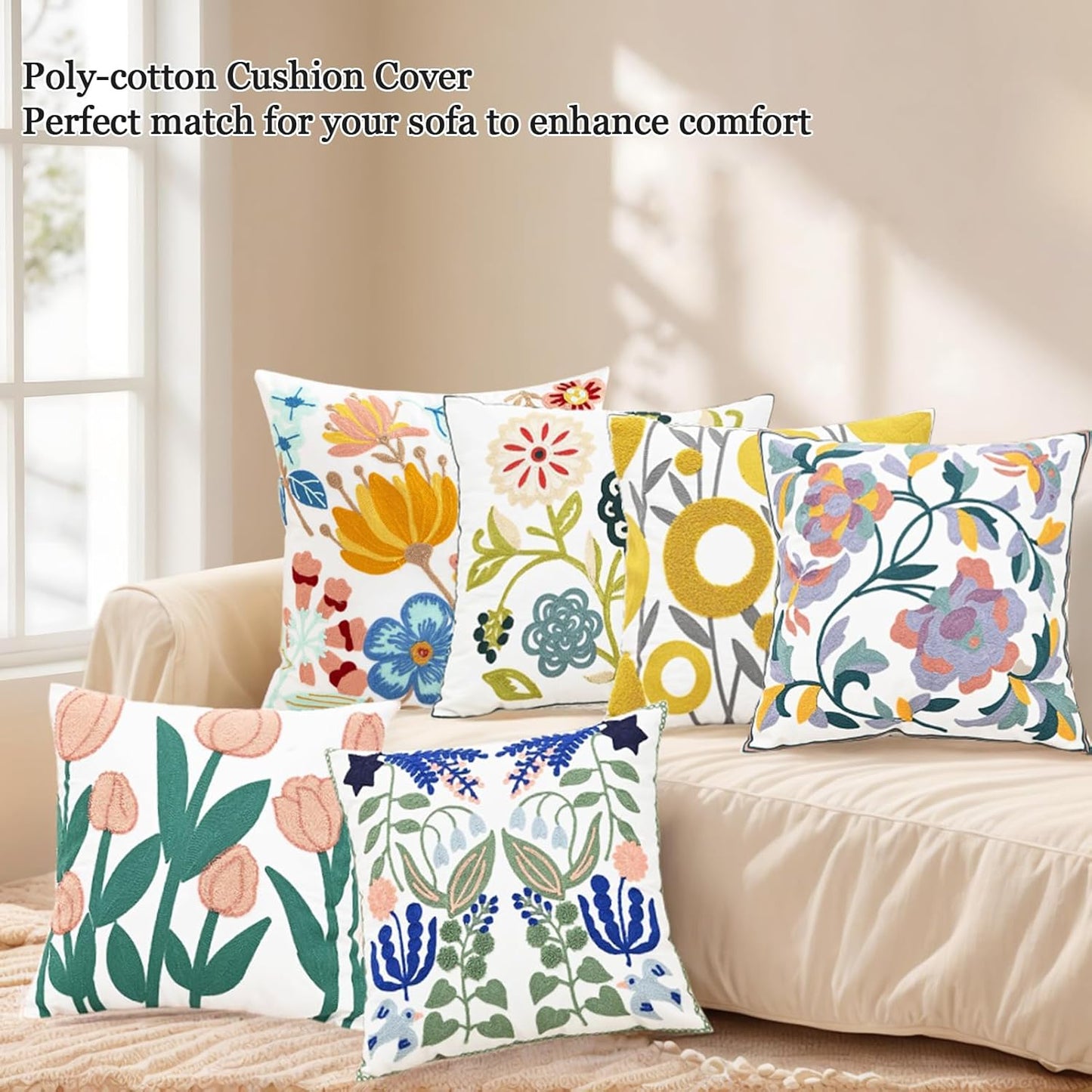 Embroidered Flower Pillow Cover Farmhouse Soft Pillowcase Aesthetic Design Woven Cushion Cover for Sofa Living Room Bed Purple Floral