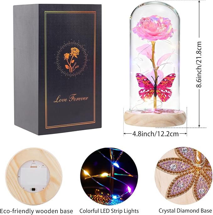 Beferr Birthday Gifts for Women Galaxy Glass Rose Forever Preserved Flowers for Delivery Light Up Rose in Glass Dome Mothers Day Pink Butterfly Gifts for Mom Grandma Wife Her Daughter Girlfriend
