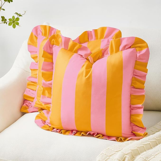 MONDAY MOOSE Decorative Throw Pillow Covers, Set of 2 Water-Resistant Striped Design with Ruffle Edge for Outdoor/Indoor Use, Pillow Inserts Not Included (16x16 inch, Light Pink/Honey)