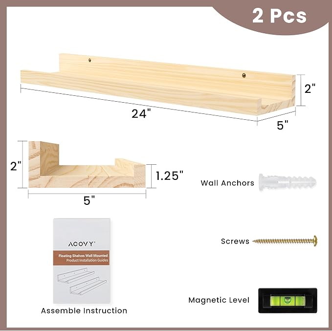 Floating Shelves for Wall, 24 inch Solid Wood Picture Ledge Shelf, Picture Shelf for Wall with Ledge, Floating Book Shelves for living room Bedroom Kitchen Nursery Decor, Natural Unfinished, Set of 2
