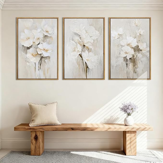 Anyzal Extra Large Beige Floral Framed Wall Art 24x36 Inch Neutral White Flower Canvas Wall Art Farmhouse Wildflower botanical Artwork for Living Room Bedroom Dining Room Set of 3