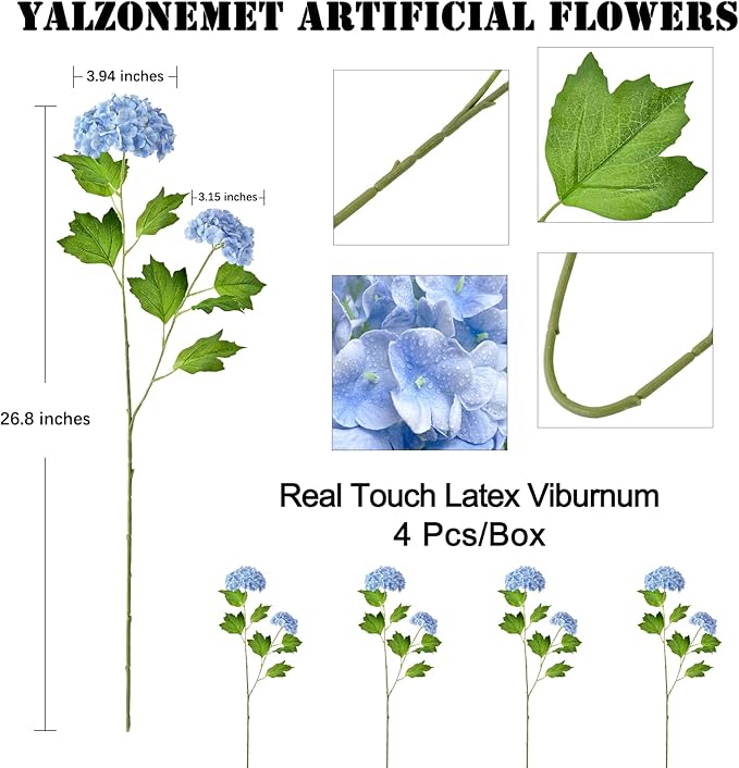 YalzoneMet 4 Pcs Artificial Snowball Viburnum Hydrangea Flower 26.8'' Blue Small Real Touch Faux Latex Long Stem for Christmas Home Decoration Xmas Table