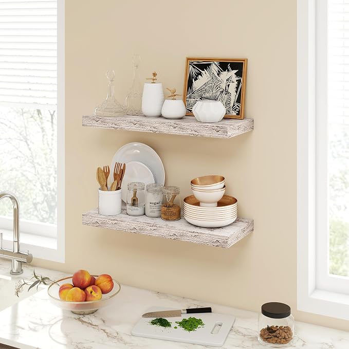 Acovy 24 Inch Floating Shelves, 9.3" Deep Floating Shelf Wall Mounted, 24" Wall Shelves, Rustic Deep Bookshelf, Large Display Shelves & Storage Shelves for Bedroom, Living Room, Rustic, Set of 2