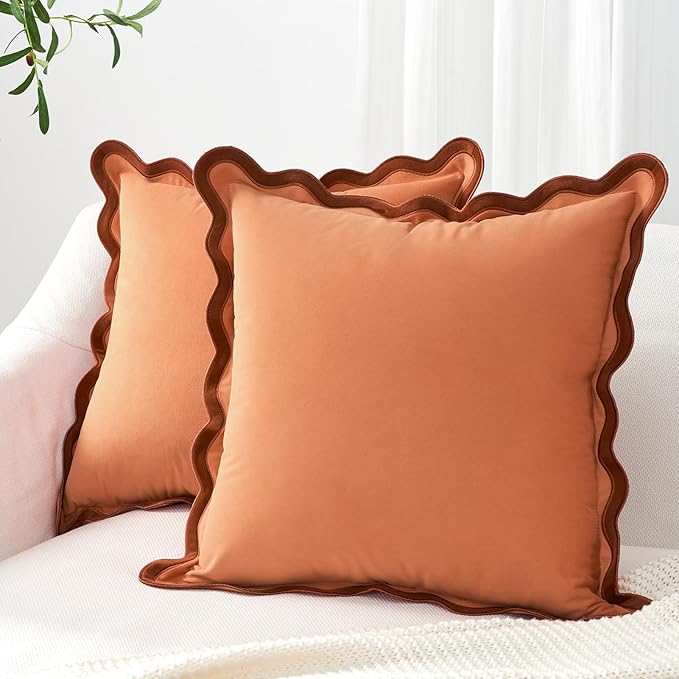 MONDAY MOOSE Decorative Throw Pillow Covers Cushion Cases, Set of 2 Soft Velvet Scalloped Wavy Edge Designs, Mix and Match for Home Decor, Pillow Inserts Not Included (18x18 inch, Rust/Coral)