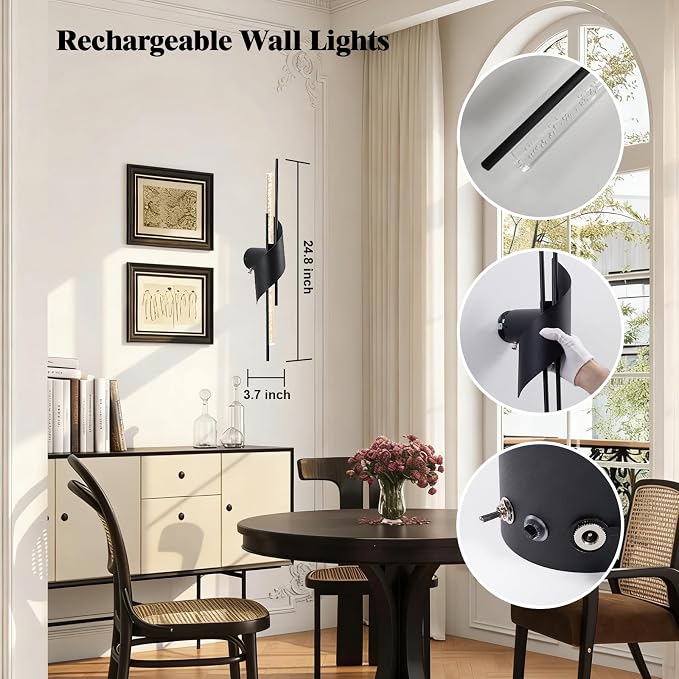 camuucci Battery Operated Wall Sconces Set of Two,Modern Wireless Wall Lights,LED Rechargeable 20000mAh Not Hardwired Remote Control Dimmable Wall Lamp Fixtures for Bedroom Black 25 Inches
