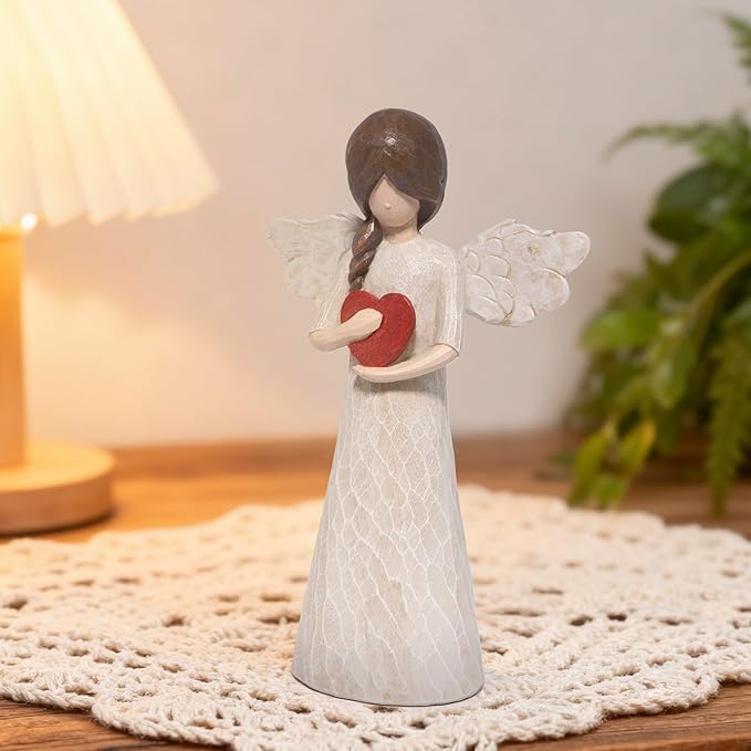 Hodao Angel Figurine with Heart — Wood-Carved Look Resin Christmas Decorations, Indoor Home Decor Ornaments, 8.5" Tall Guardian with Red Heart, Hand-Painted Figurines for Shelf, Mantel & Gift-Giving