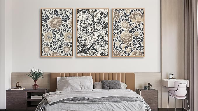 Large Flowers Wall Art for Living Room Natural Wood Float Framed Art Set of 3 William Morris Floral Canvas Pictures Vintage Artwork Botanical Canvas Poster Prints for Bedroom Wall Decor 24"X36"X3
