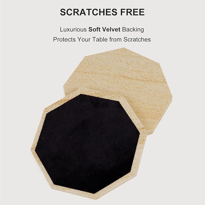 Octagonal Sandstone Coasters Set of 6 with Holder, Absorbent Stone Coasters with Soft Backing for Table Protection, Farmhouse Rustic Sandstone Coaster for Coffee Table Desk Patio Home Decor