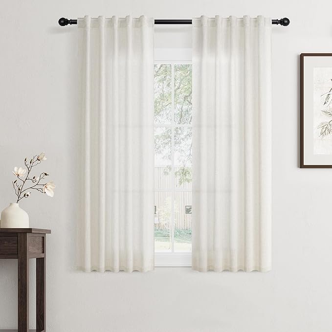 Jowels Natural Linen Curtains 58 Inch Long 2 Panels for Living Room | Ivory Light Filtering Sheer Curtain,Back Tab Pocket Pleated Look,Modern Farmhouse Textured Privacy Drapes for Bedroom Window
