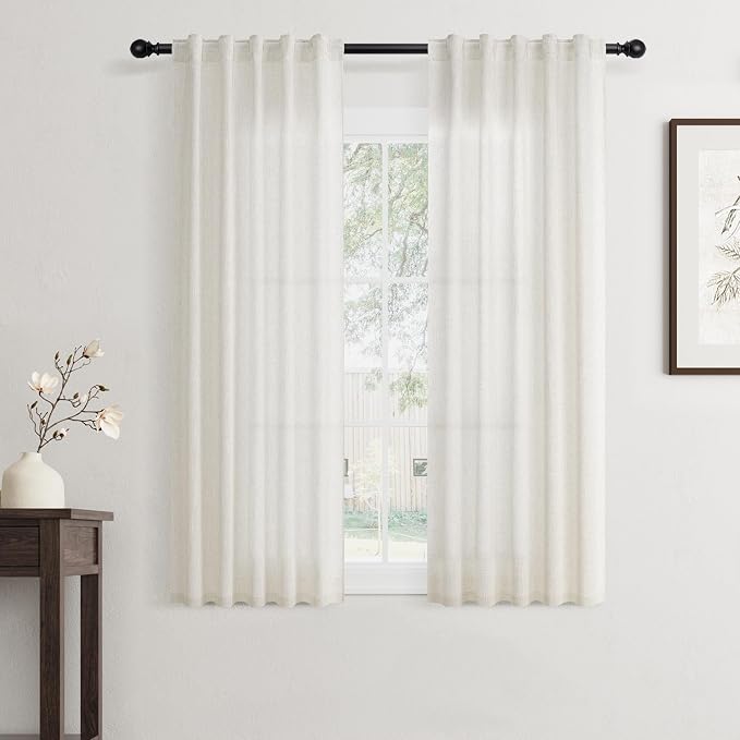 Jowels Natural Linen Curtains 48 Inch Long 2 Panels for Living Room | Ivory Light Filtering Sheer Curtain,Back Tab Pocket Pleated Look,Modern Farmhouse Textured Privacy Drapes for Bedroom Window