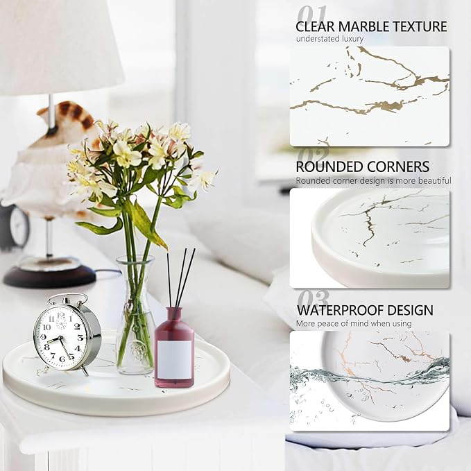 White Round Marble Bathroom Sink Vanity Tray, Coffee Table Stone Tray, Soap Dish for Kitchen Counter (White, 8 in)