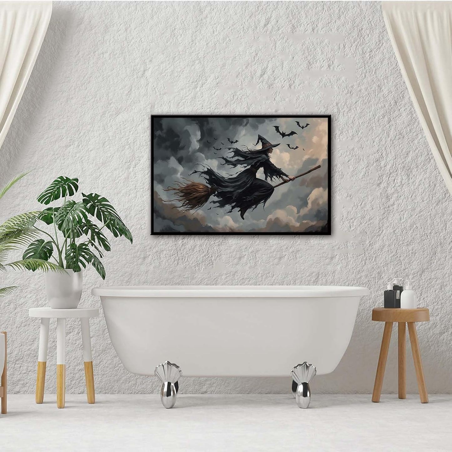 JFHCQJPK Witch and bat flying Halloween poster suitable for home party wall decoration retro Halloween preppy style wall art canvas print suitable for room decoration8x12in Metal blackFramed