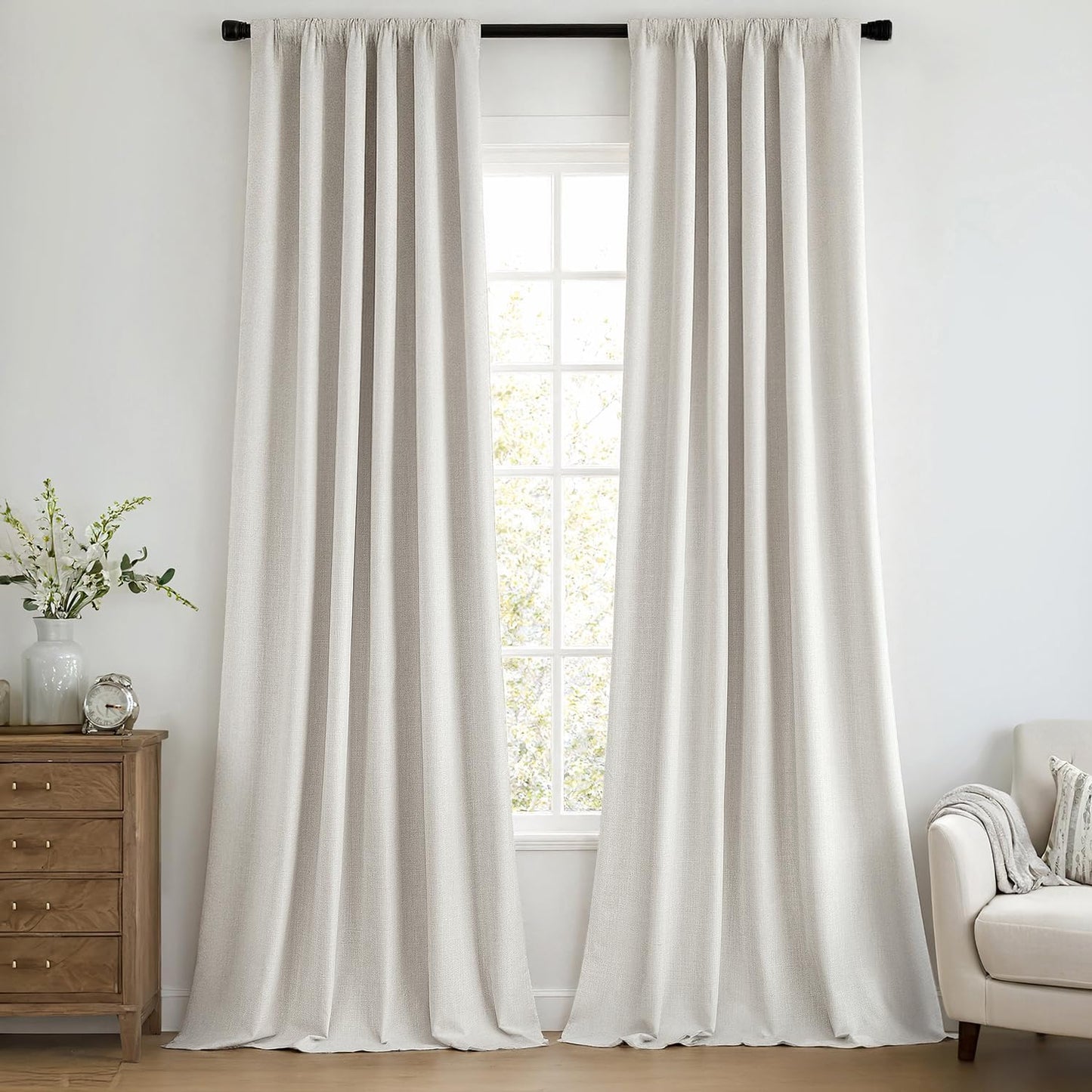 MIULEE 100% Blackout Curtains 84 Inch Long 2 Panels Set for Bedroom, Thick Faux Linen Black Out Curtain Room Darkening Back Tab Pleat Window Textured Drapes with Hooks for Living Room, Light Beige